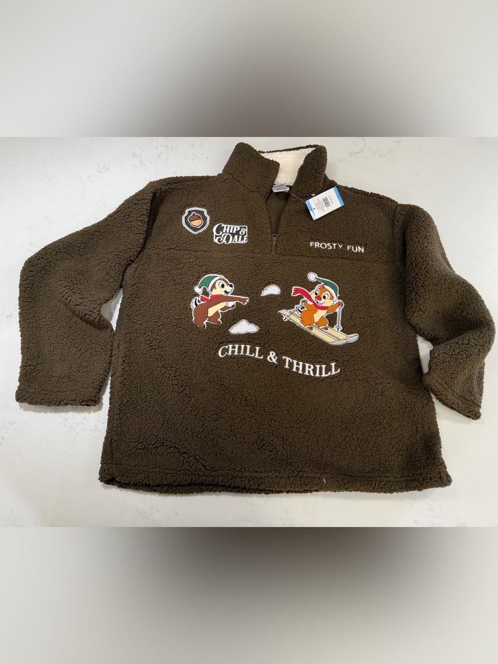 Disney Brown Crewneck Sherpa Sweatshirt with Skiing Chipmunks 🐿️